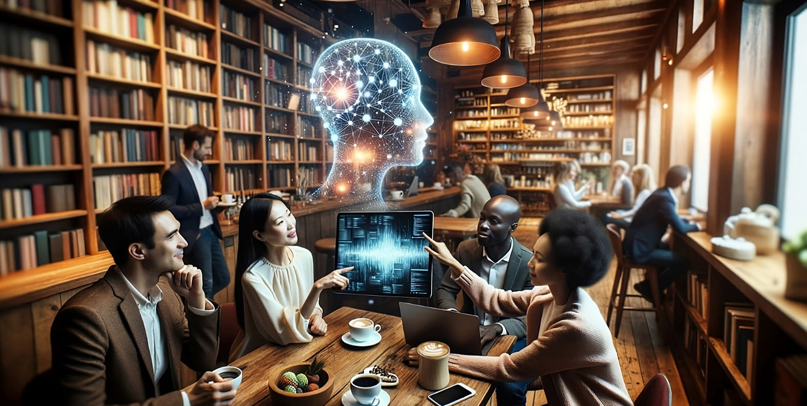 A diverse group of professionals discussing around a table in a cozy library setting, with a holographic projection of a human brain made of interconnected dots and lines.