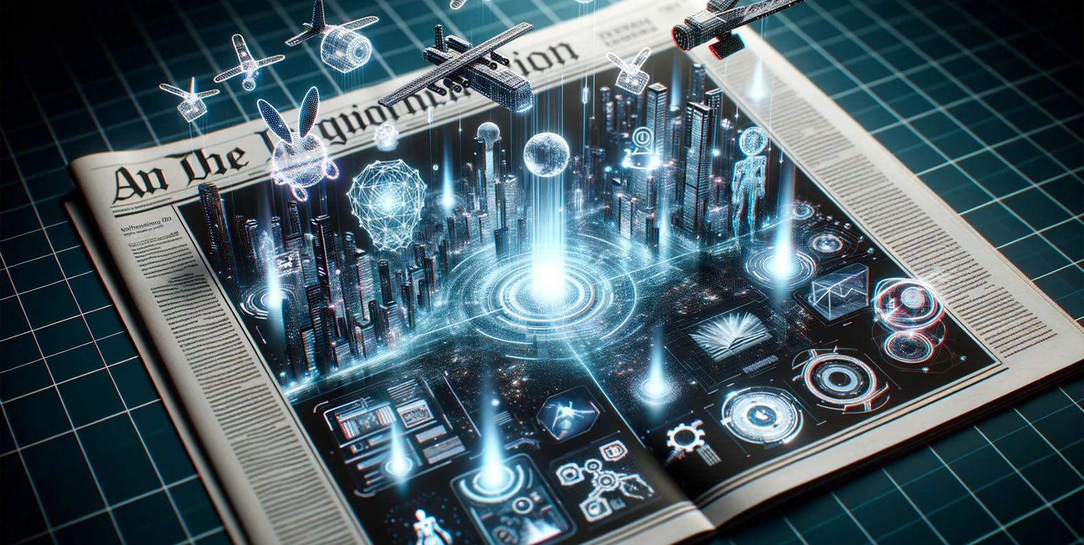 An open newspaper displaying futuristic holographic visuals, including a city skyline, satellites, aircraft, and icons, all glowing in neon colors on a grid background.